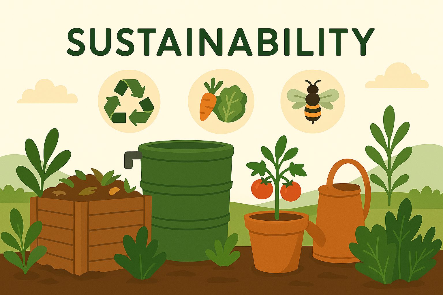 Illustration of a garden with vegetables and plants, with the words 'Sustainability' at the top. Features include a wooden box with soil and green plants, a green barrel, a tomato plant in a pot, an orange watering can, and icons of a recycling symbol, a carrot and lettuce, and a bee above.