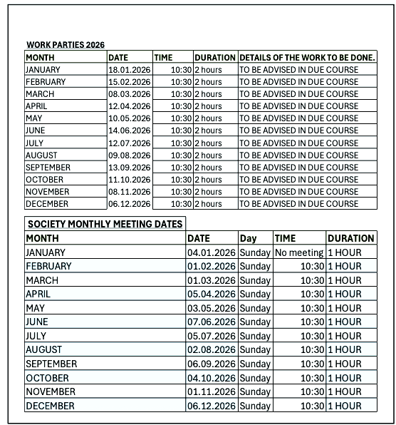 Table with work parties schedule for 2026, including months, dates, times, durations, and work details, as well as society monthly meeting dates, days, times, and durations.