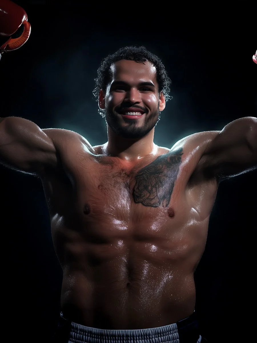A muscular man smiling, shirtless, with sweat on his body, raising his arms in a victory pose against a dark background.