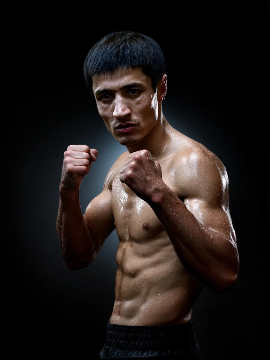 A muscular man with short black hair poses with fists up on a dark background, shirtless and with sweat on his body.