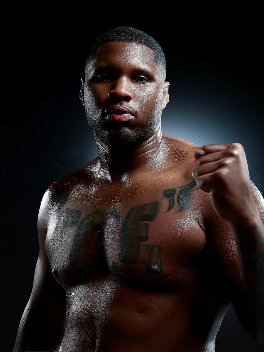 A muscular man with short hair and dark skin, shirtless, with water droplets on his body, holding a clenched fist, against a dark background with a light shining behind him.