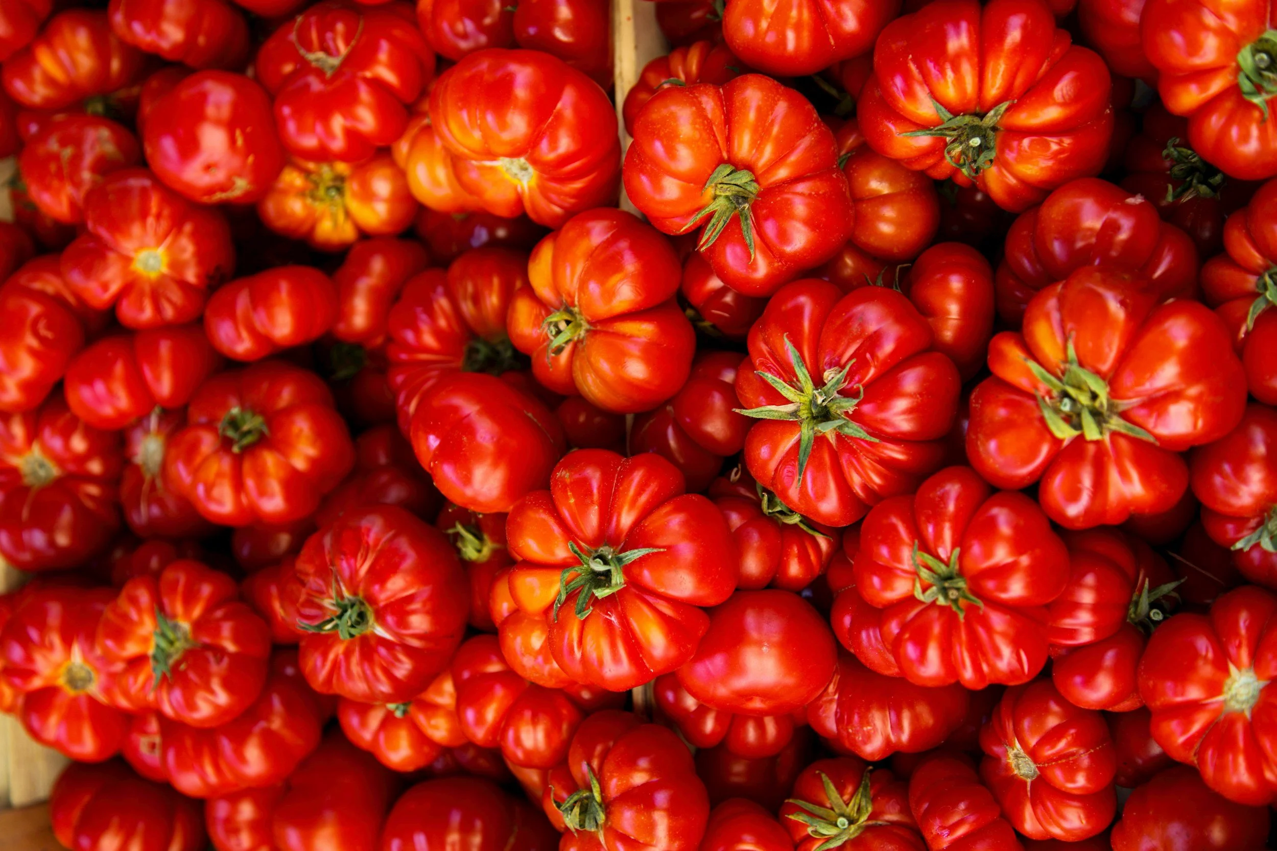 A collection of ripe red heirloom tomatoes with green stems, piled together.