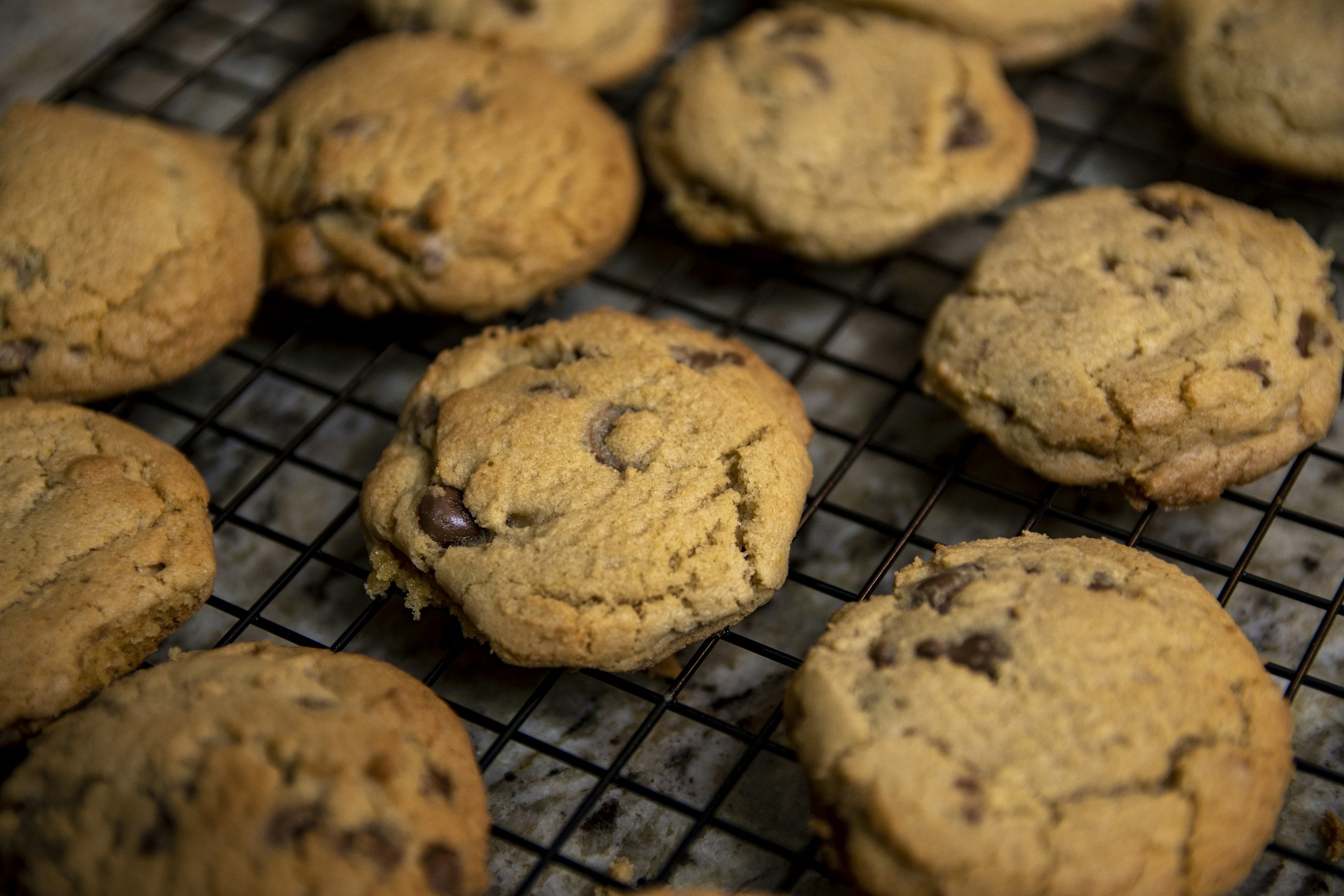 Sea salted Chocolate chip cookies on a cooling rack. made fresh in our scratch kitchen.