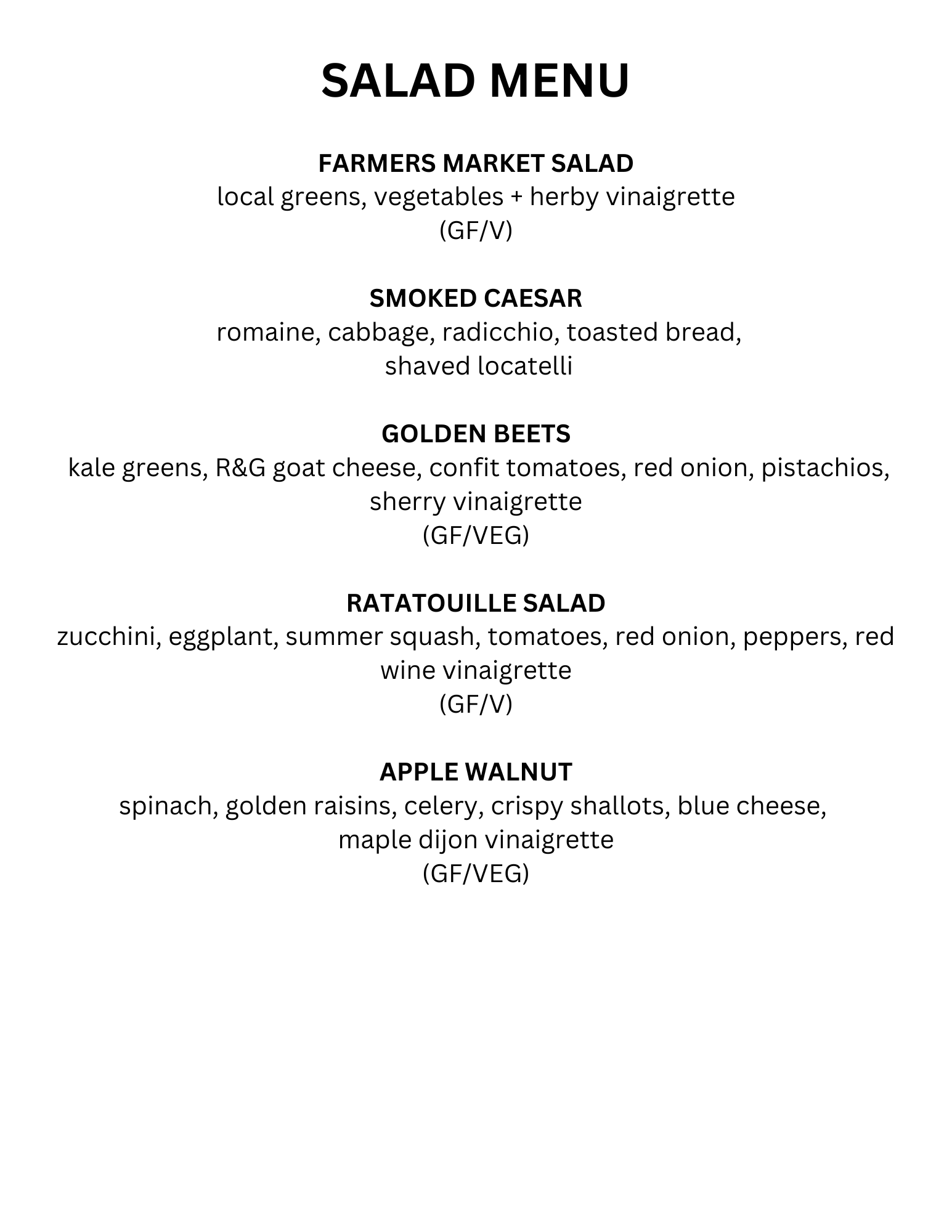 Salad menu with five salad options: Farmers Market Salad, Smoked Caesar, Golden Beets, Ratatouille Salad, Apple Walnut, including ingredients and dietary labels.