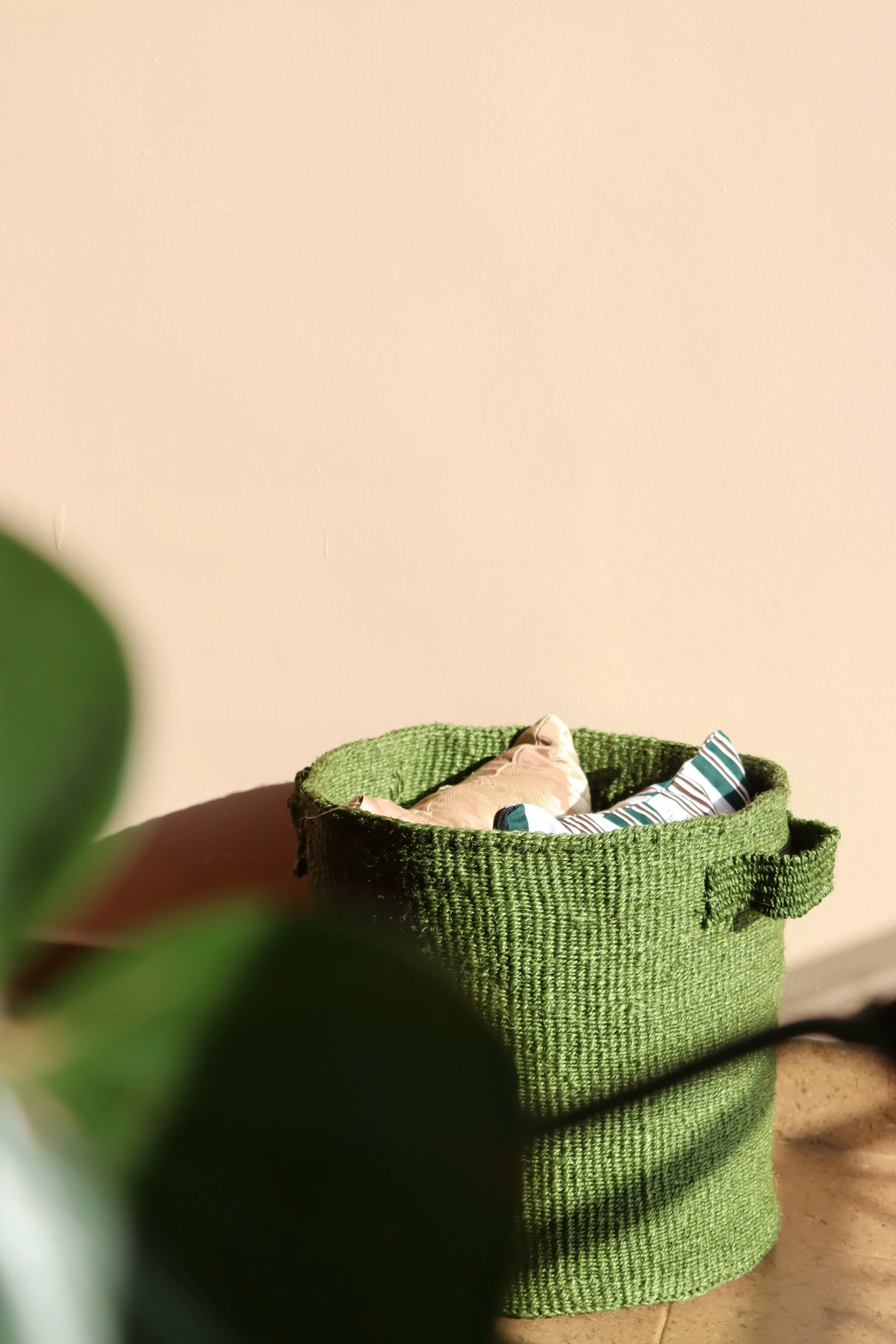 Jungle green Sisal storage basket with handles; diameter :14 Inches, Height; 14 Inches.