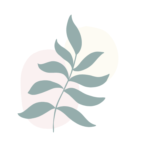 Illustration of a branch with blue-green leaves against a white abstract shape on a black background.