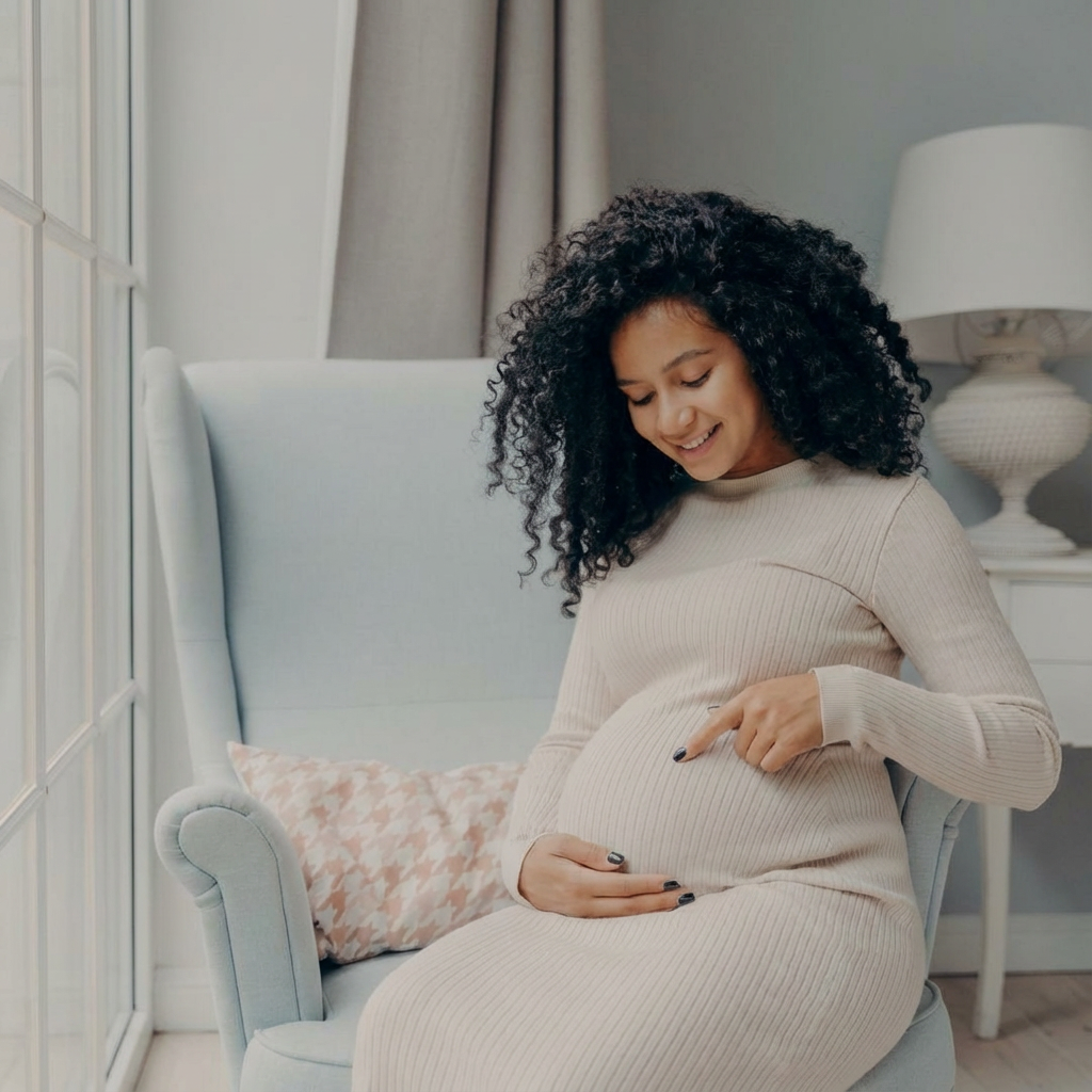 A pregnant woman sitting on a light blue armchair, smiling and pointing at her belly in a cozy, well-lit room.