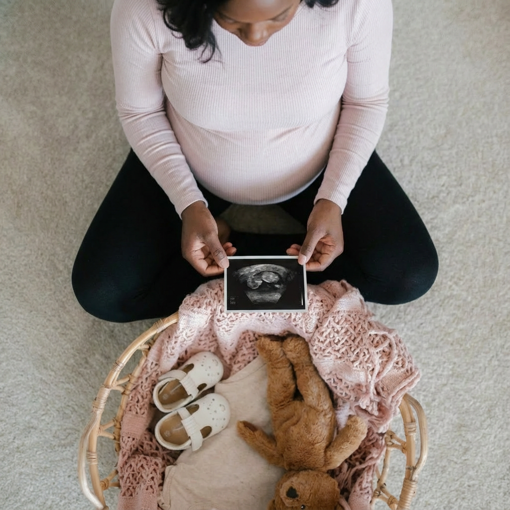 A woman sitting cross-legged on a beige carpeted floor, holding an ultrasound image, with a basket containing a plush teddy bear, a small blanket, and children's slippers beside her.