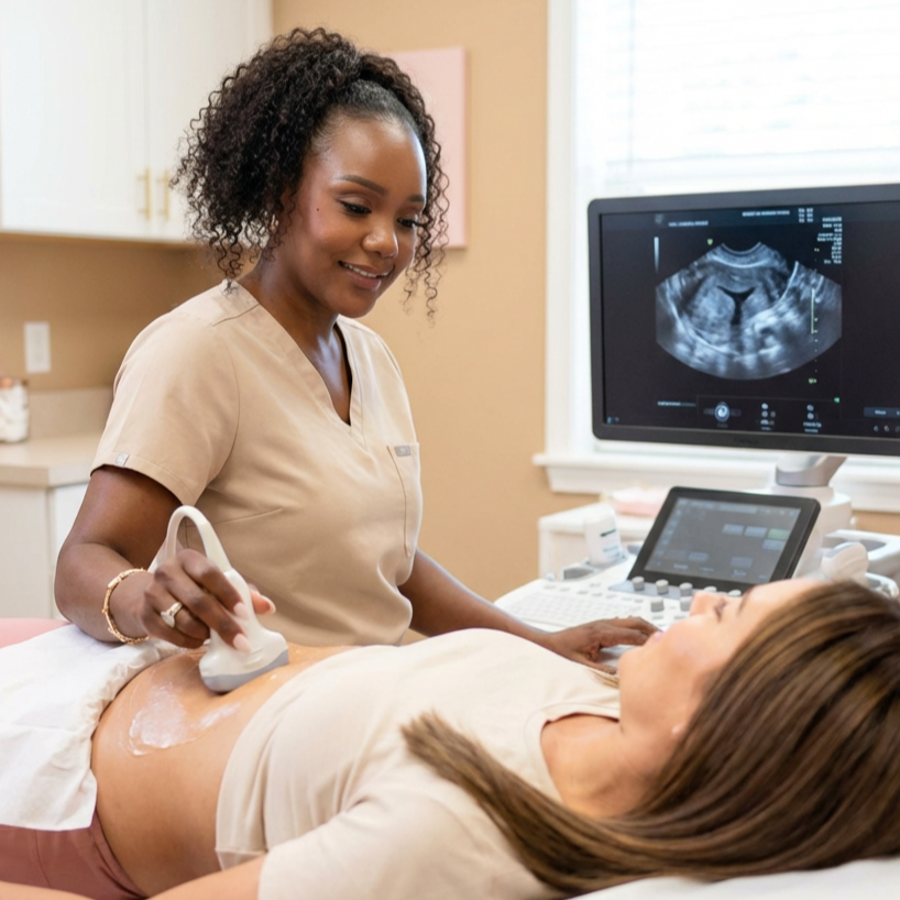 Healthcare professional performing an ultrasound on pregnant woman in medical office with ultrasound monitor showing fetal images