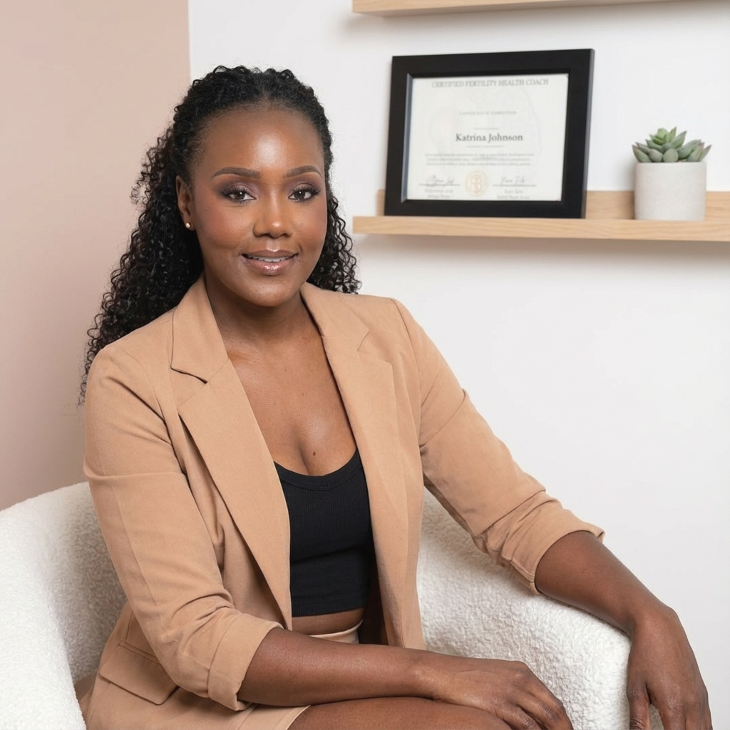 A woman with dark curly hair sitting on a white chair, smiling, wearing a beige blazer over a black top, in an office setting with a framed certificate and a small potted plant on a wooden shelf behind her.