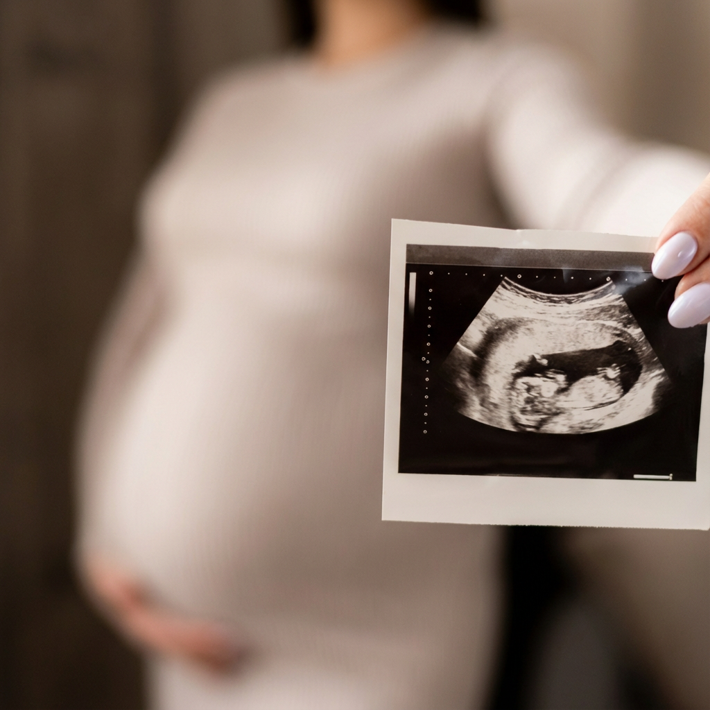 Pregnant woman holding ultrasound picture of her baby