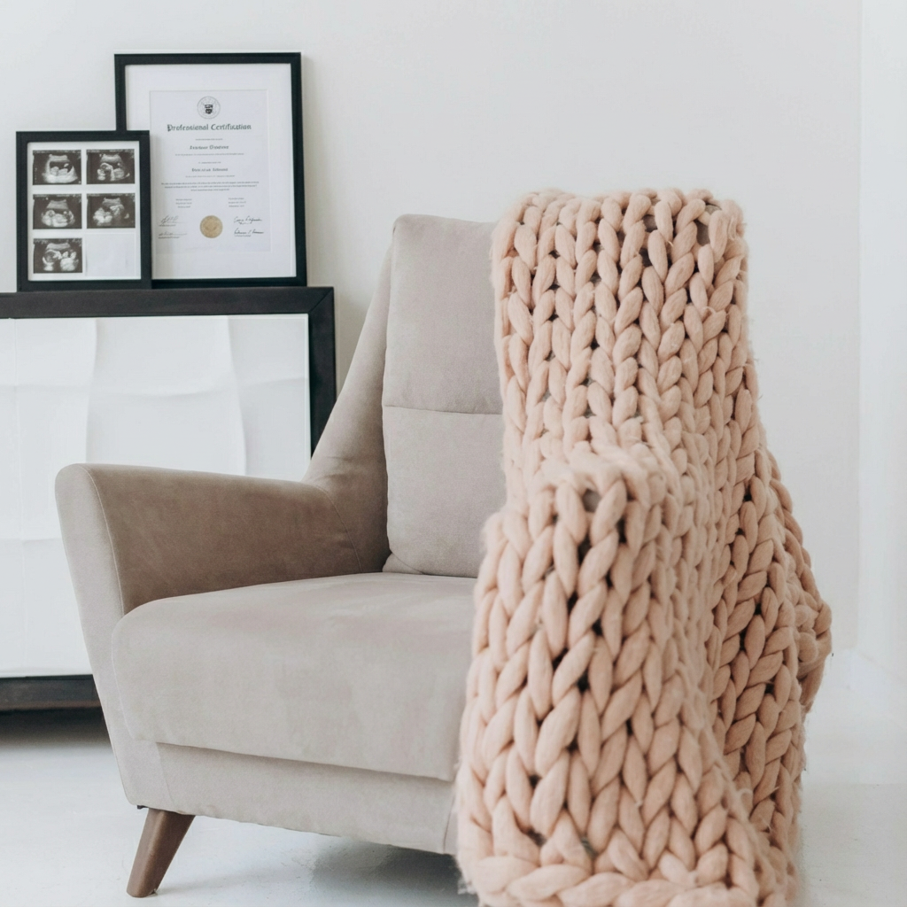 A beige armchair with wooden legs, with a chunky knitted beige blanket draped over the back. Behind the chair, there is a black-framed picture of ultrasound images and a certificate on a white wall.