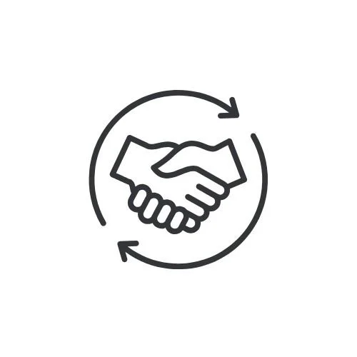 Icon of a handshake in a circular motion, representing trust and lasting relationships in real estate — symbolizing honesty and transparency in Shelise Murray’s client-first approach.