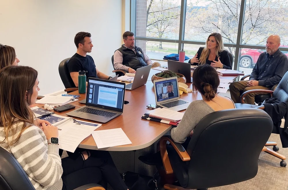 Shelise Murray leads a real estate coaching discussion with agents gathered around a conference table.