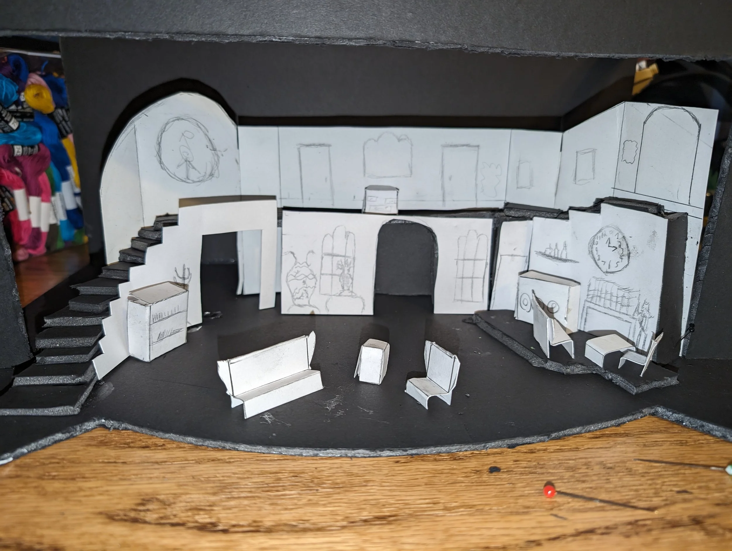 Model for Something's Afoot
To match the comedic vibe of the show this set is designed to withhold many secrets to be revealed to the audience when the moment is right. The larger mansion interior runs completely from the Stage Right wall  to the Sta