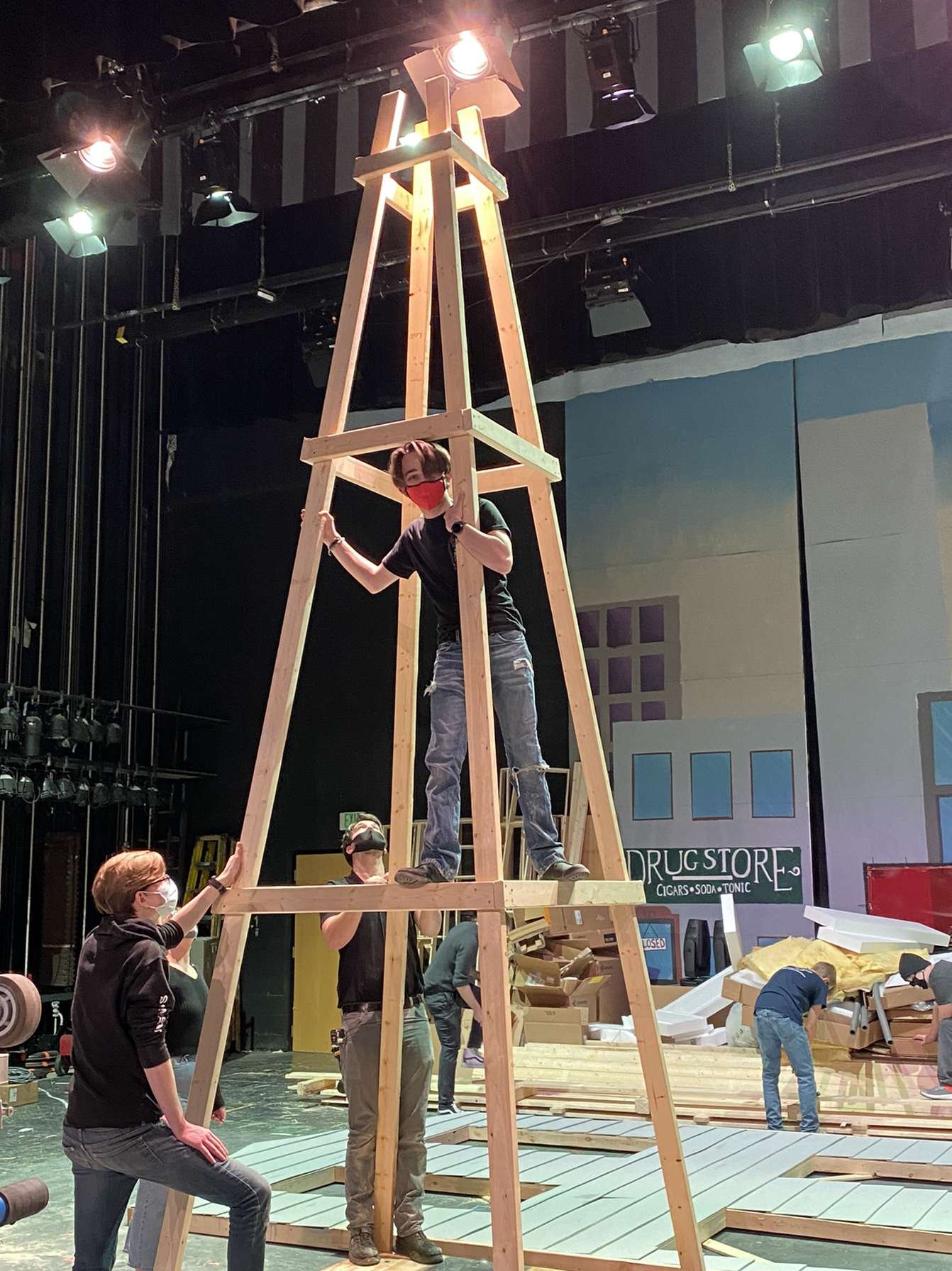 The Windmill's Legs Constructed (Oklahoma 2022)
In order to safely maintain its height four legs, as well as support beams were used. Pictured as well is me  performing a stress test. 