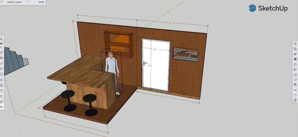 Rendering for Bar (All Shook Up 2021)
With the bar needing to appear in two different scene with a different design in each, a folding cubical approach was used. The hanging wall could fold in and out with a break on both pivots to give support. 