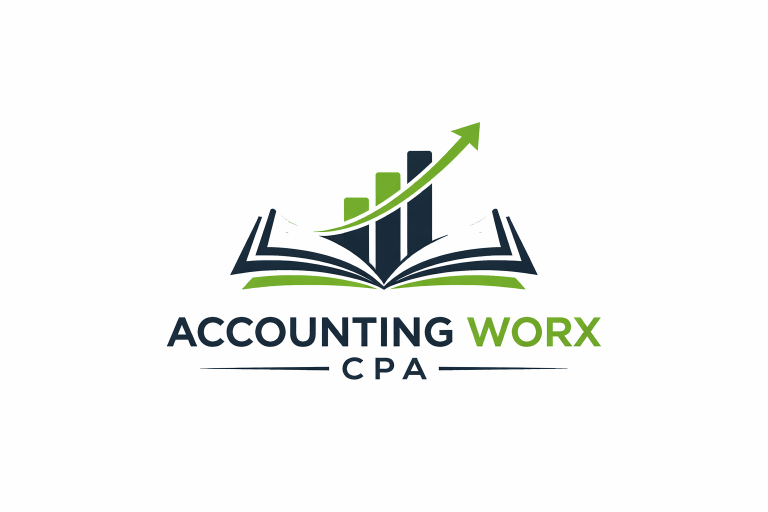 Logo for Accounting WORX CPA featuring an open book with three ascending bar graphs and an upward arrow above, with the text "ACCOUNTING WORX" below, where "WORX" is green and the rest is black, and "CPA" underneath with lines on either side.