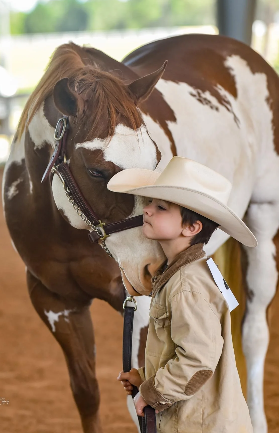 A young boy wearing a cowboy hat and tan jacket gently touching the face of a brown and white pinto horse inside a stable.