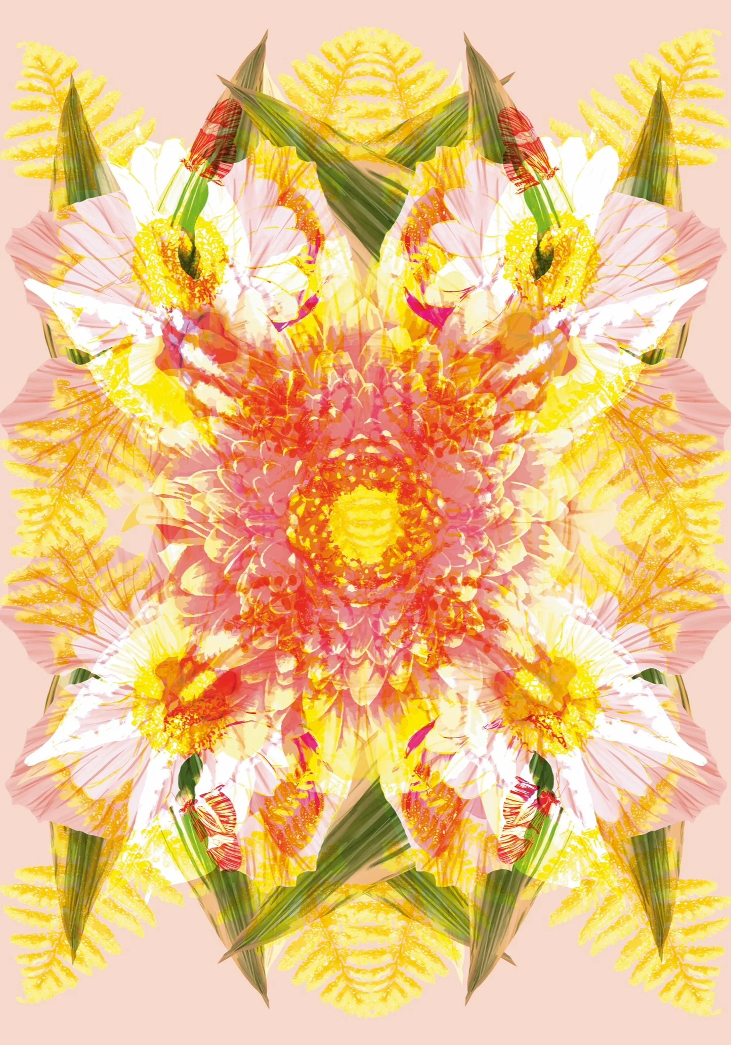 A symmetrical, abstract digital floral pattern featuring pink, yellow, and white flowers with green leaves on a light pink background.