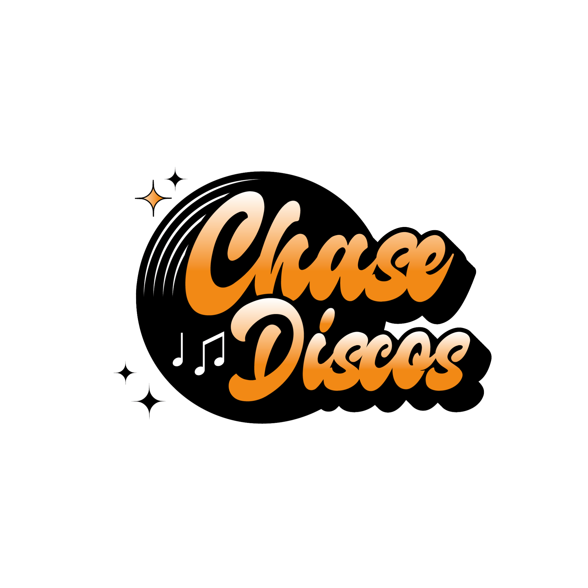 Graphic logo for 'Chase Discos' with orange and white stylized text, musical notes, and decorative stars on a black background.