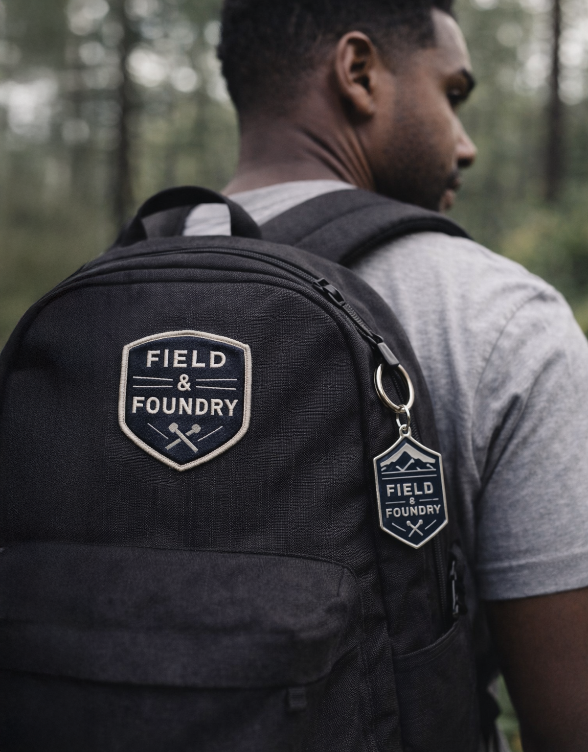 Man walking with a custom promotional backpack with embroidered patch and matching keychain from JQ Promo.