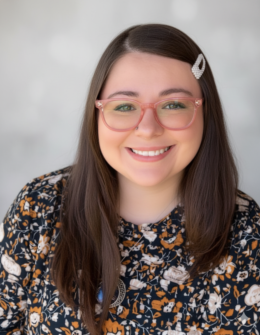 A young woman with long brown hair wearing pink glasses, a pearl hair clip, and a floral shirt, smiling at the camera.