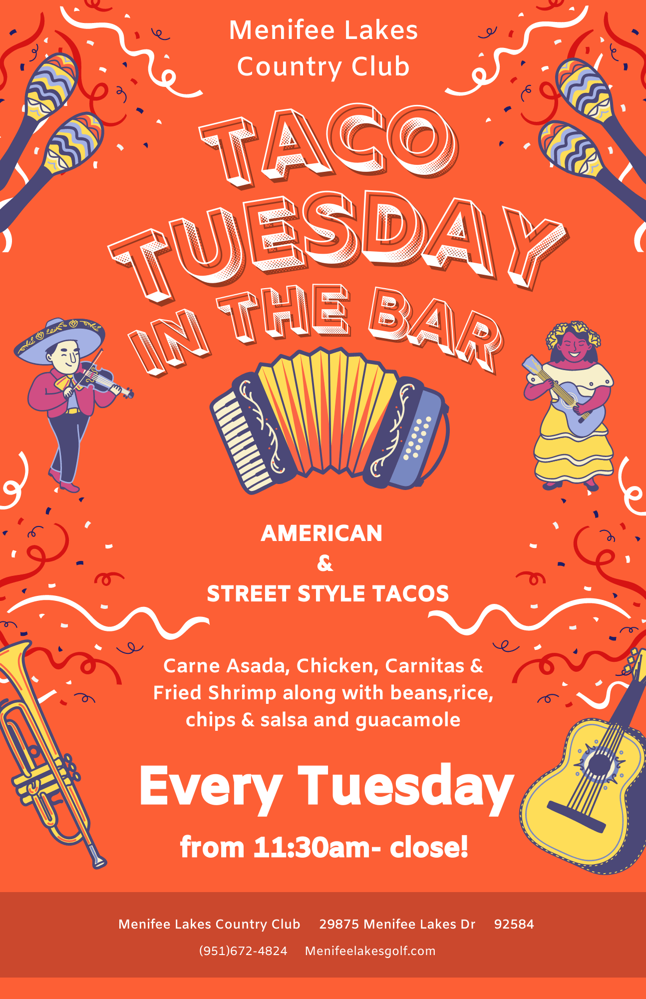 A colorful poster advertising Taco Tuesday in the bar at Menifee Lakes Country Club. The poster features illustrations of musicians playing instruments, such as a violin and guitar, as well as musical instruments like a trumpet, accordion, and guitar. The background is orange with festive confetti, streamers, and decorative squiggles.