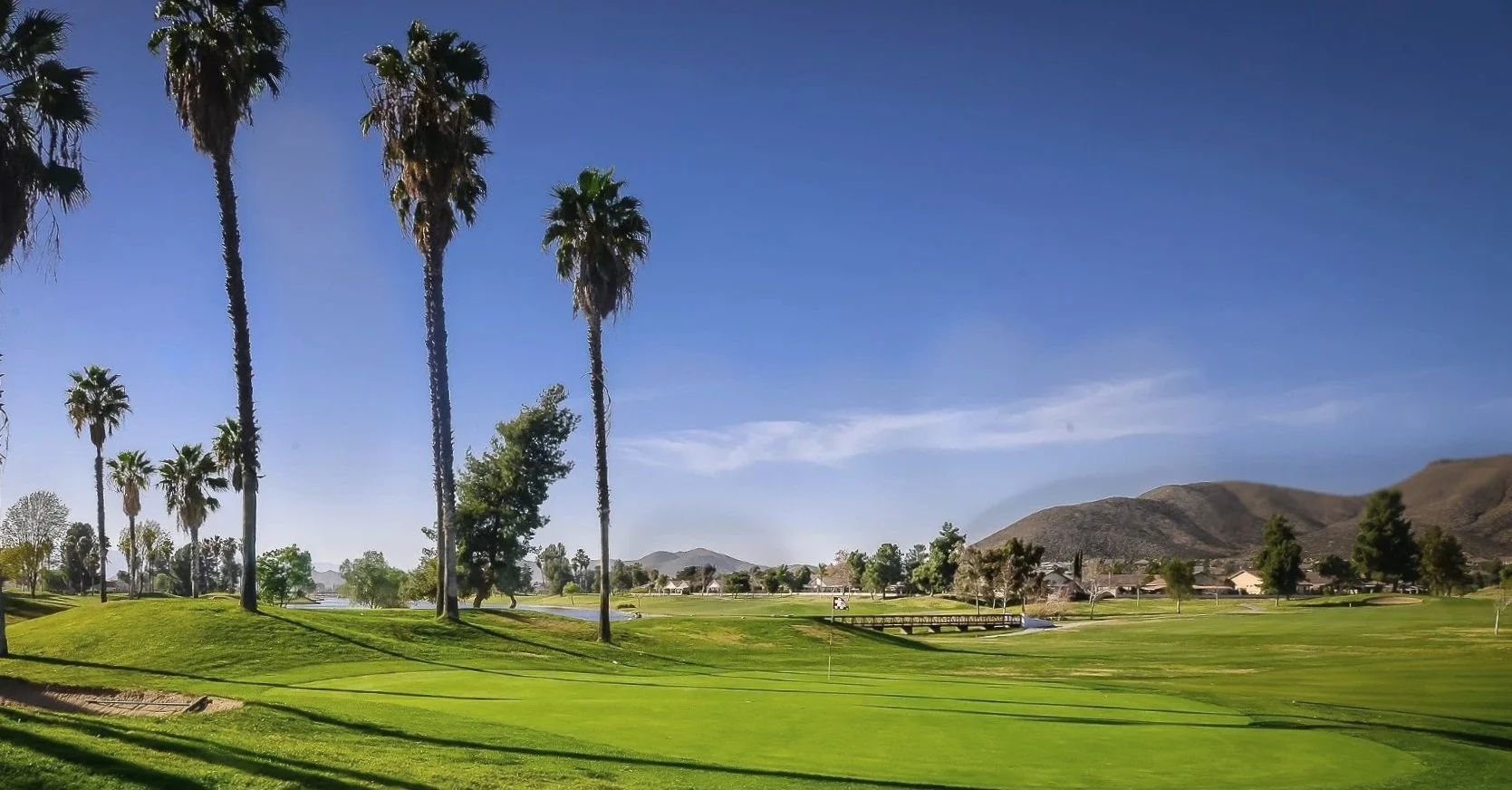 A golf course with green grass, tall palm trees, and distant mountains under a blue sky.