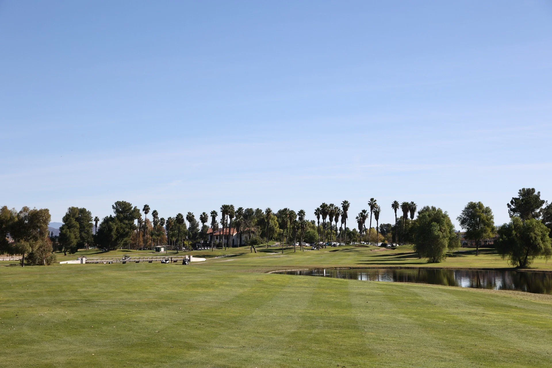 A golf course with green grass, a small pond, palm trees, and a distant clubhouse under a clear blue sky.