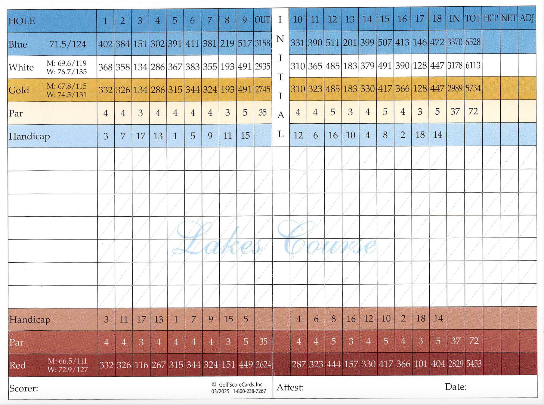 Menifee Lakes Country Club's scorecard for Lakes Course showing hole numbers, par, yardage for Blue, White, Gold, and Red tees, handicap, and scores.