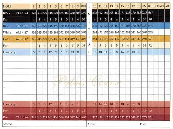 A scorecard for a round of golf showing scores, hole information, and player names divided into multiple color-coded sections for different players: Black, Par, Blue, White, Gold, Handicap, and Red, with additional details at the bottom for the scorer, attester, and date.