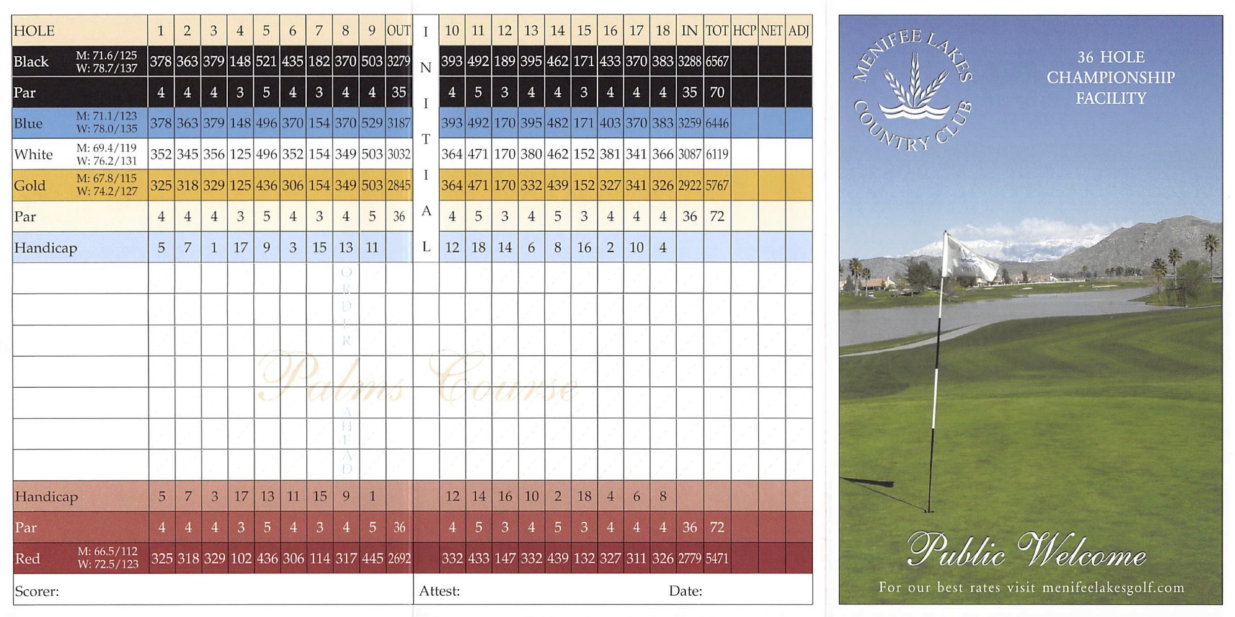 Menifee Lakes Country Club Palms Course scorecard