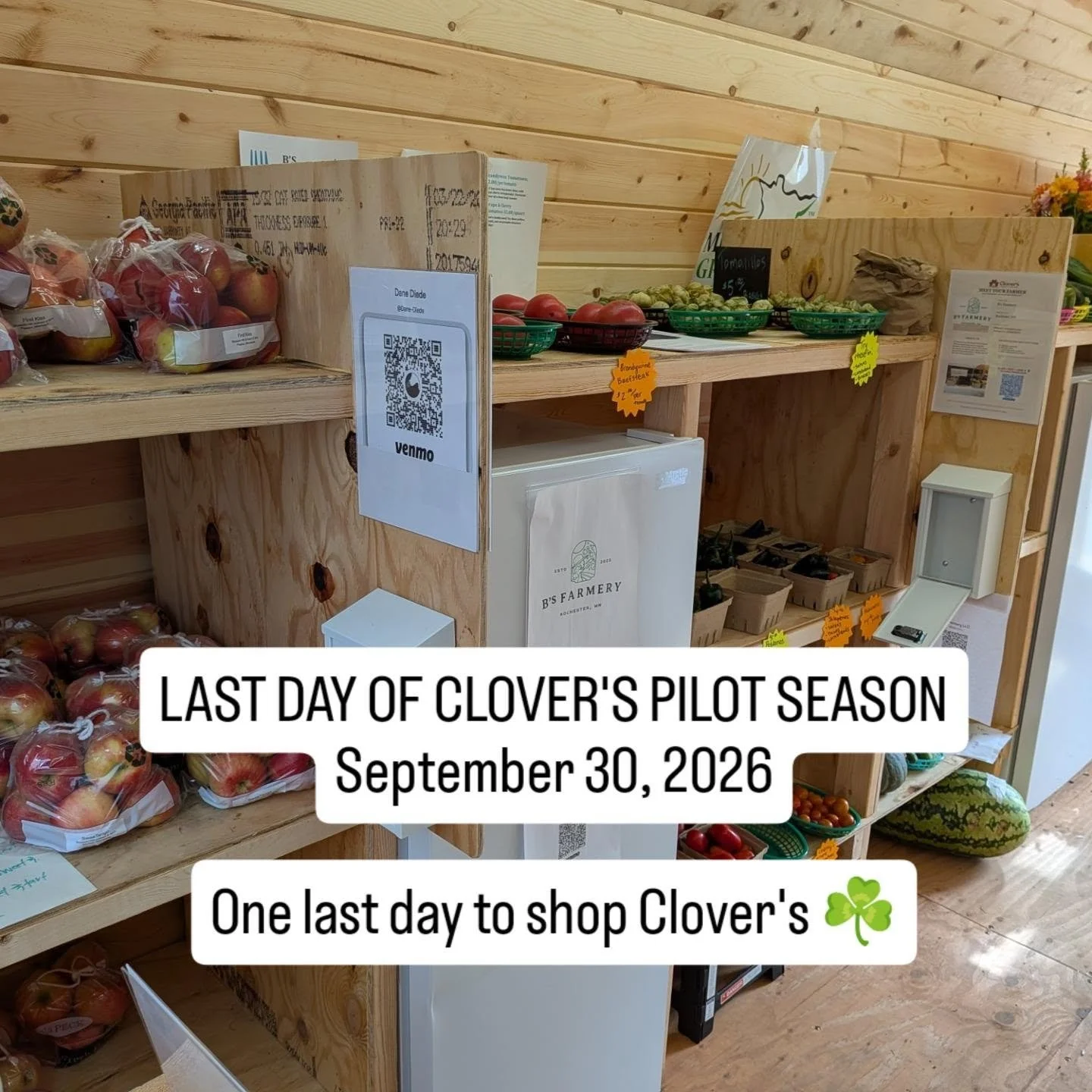Today is the last day to shop at Clover&rsquo;s in 2026 for our pilot season!

We&rsquo;re incredibly grateful to everyone who shopped the stand, supported our local farmers, shared feedback, and helped make our pilot a success.

If you haven&rsquo;t