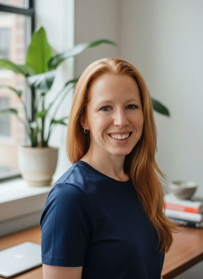 A smiling woman with long red hair, wearing a navy blue shirt, standing in a well-lit room with a large window, green plant, and books behind her.