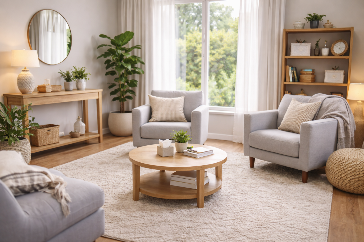 Bright living room with two light gray armchairs, a wooden coffee table with books and plants, a beige rug, a wooden bookshelf, and decorative items, with large windows and sheer curtains letting in natural light.