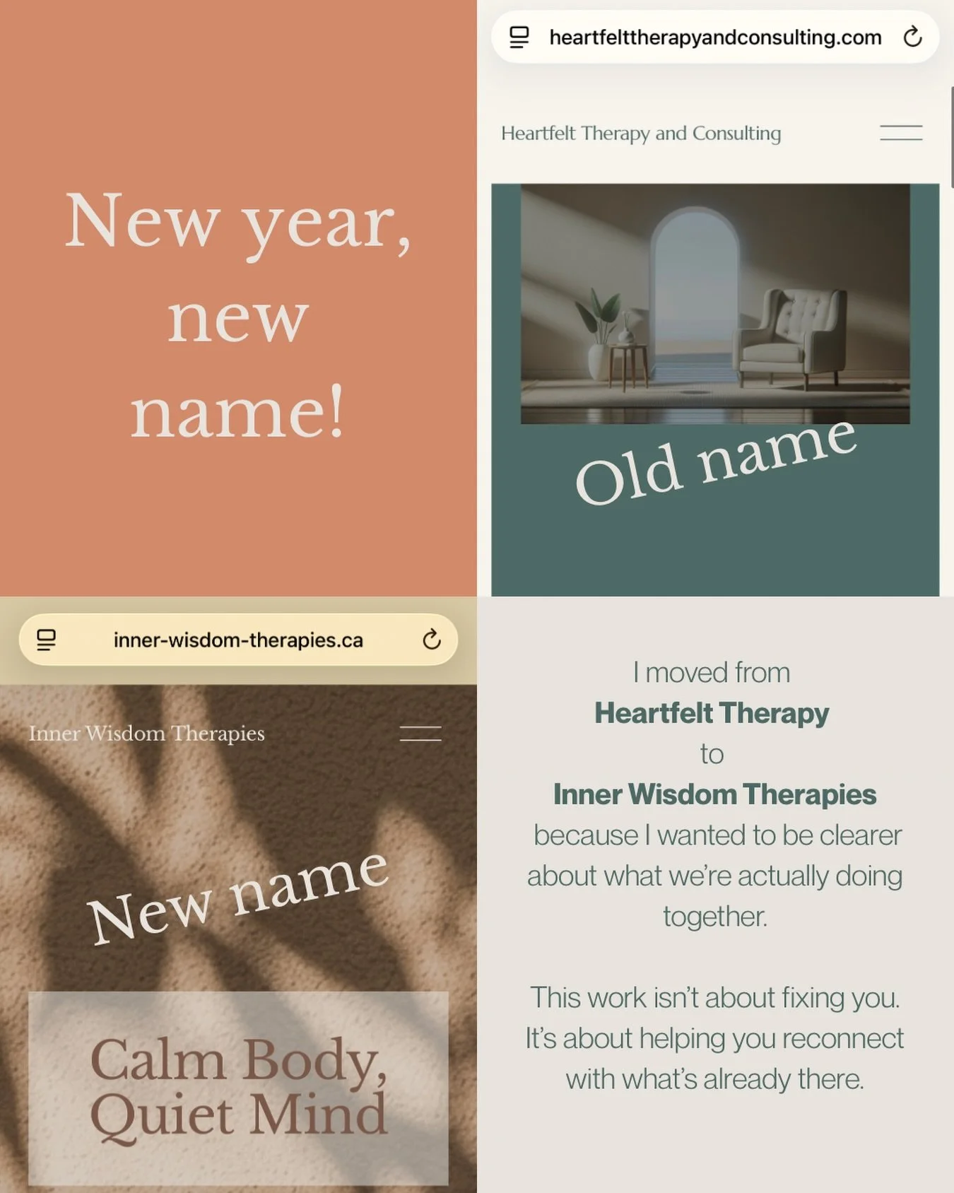 I changed the name from Heartfelt to Inner Wisdom Therapies to be clearer about what this work is really about.

Not fixing you.
Not making you someone new.

Helping you reconnect with what&rsquo;s already there.
Your body&rsquo;s wisdom.
Your capaci