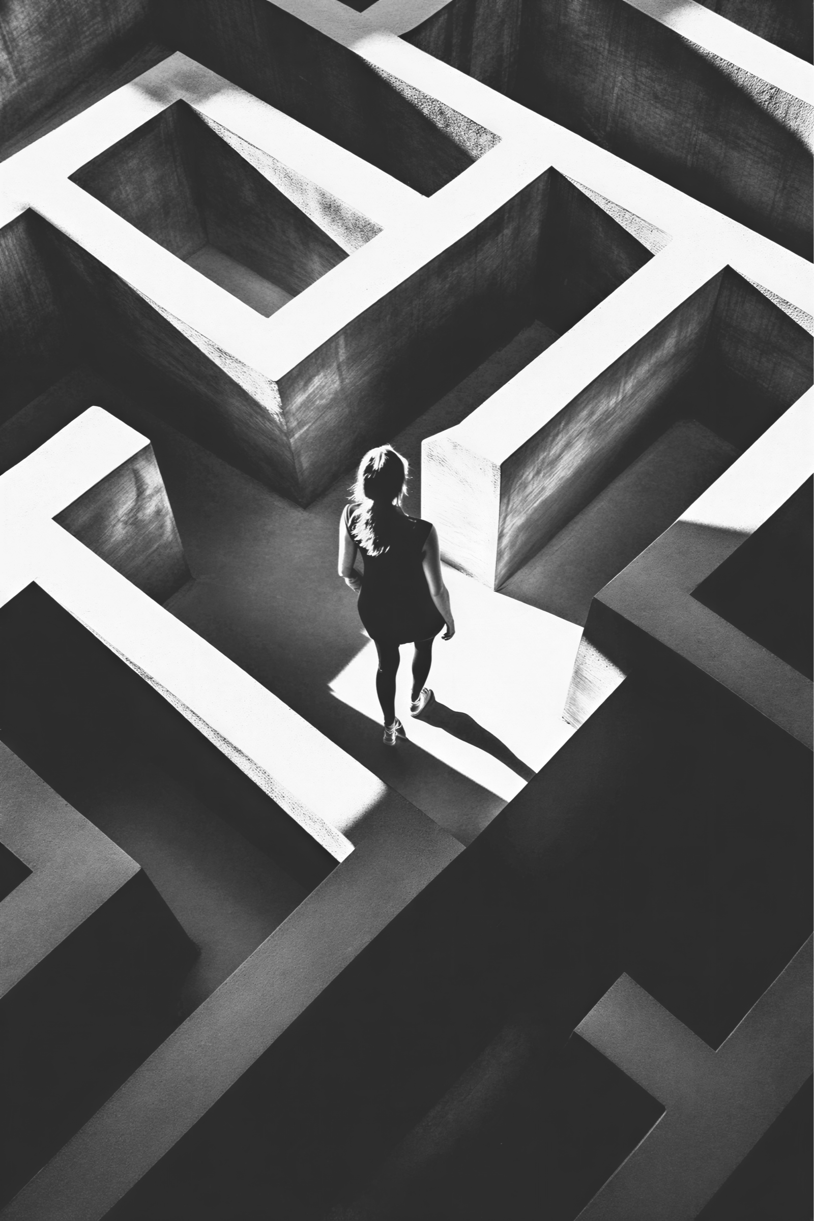 A woman with long hair walking through a black and white maze with tall walls, casting a long shadow.