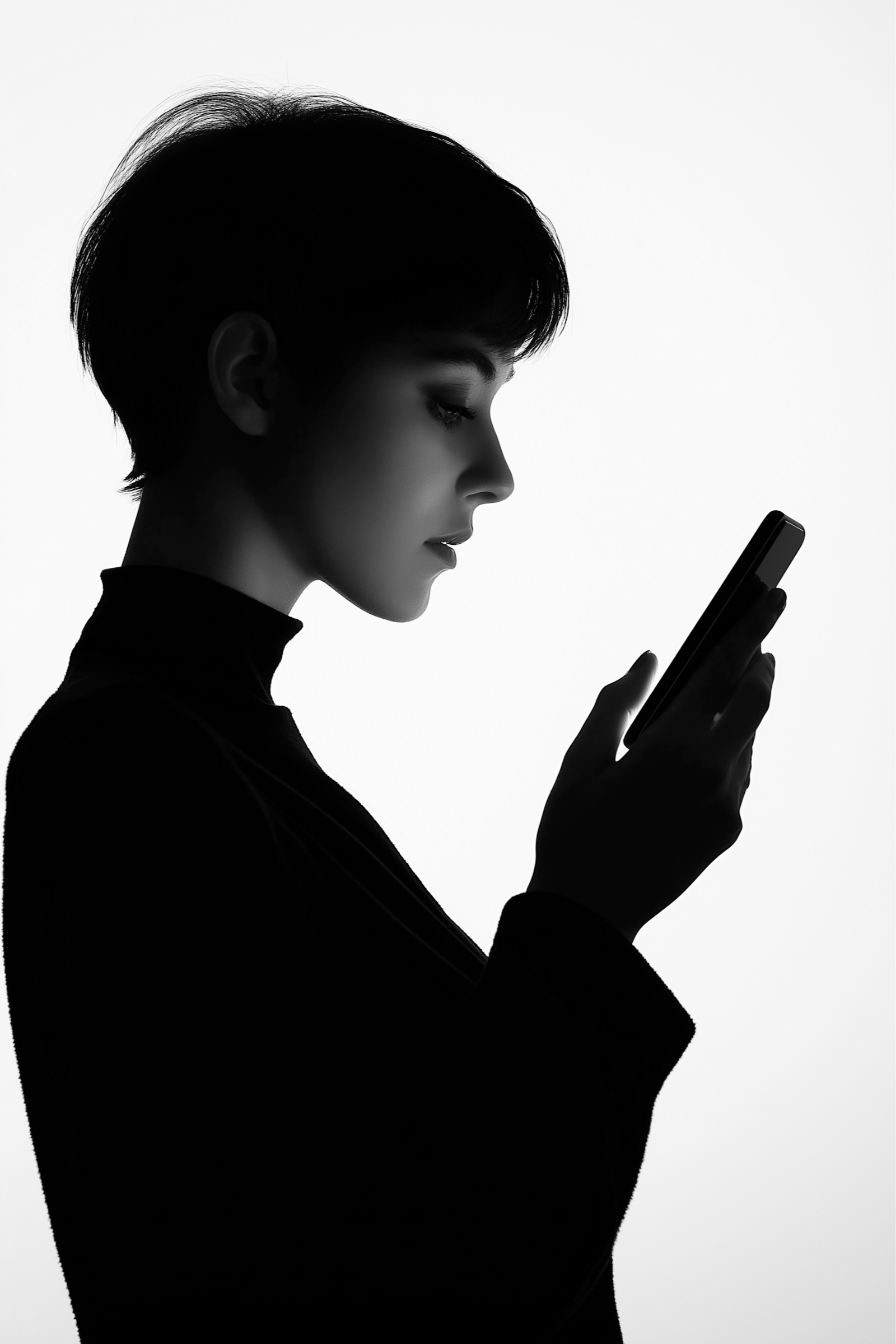 Silhouette of a woman with short hair looking at her phone