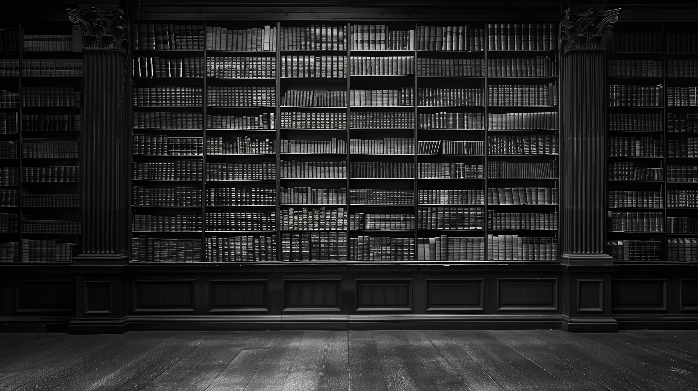 Black and white photo of a large bookshelf filled with books in a library, with decorative columns on each side and a wooden floor in the foreground.