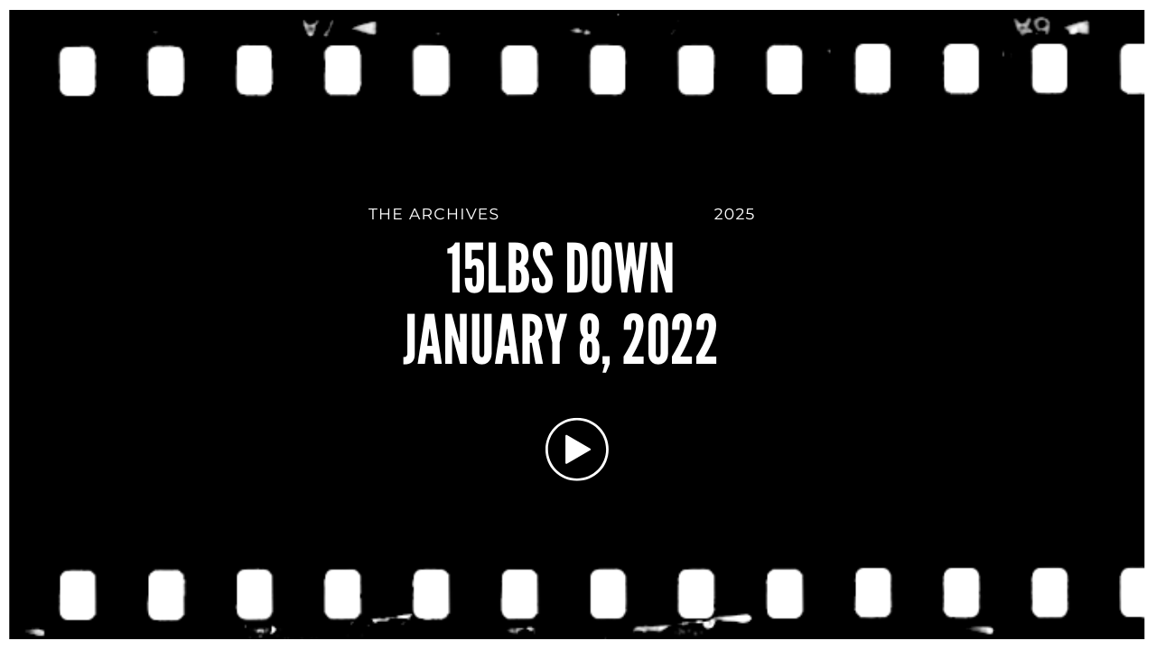 A filmstrip-style background with text indicating this is the archive from 2025, featuring a date of January 8, 2022, and mentioning a 15-pound weight loss.