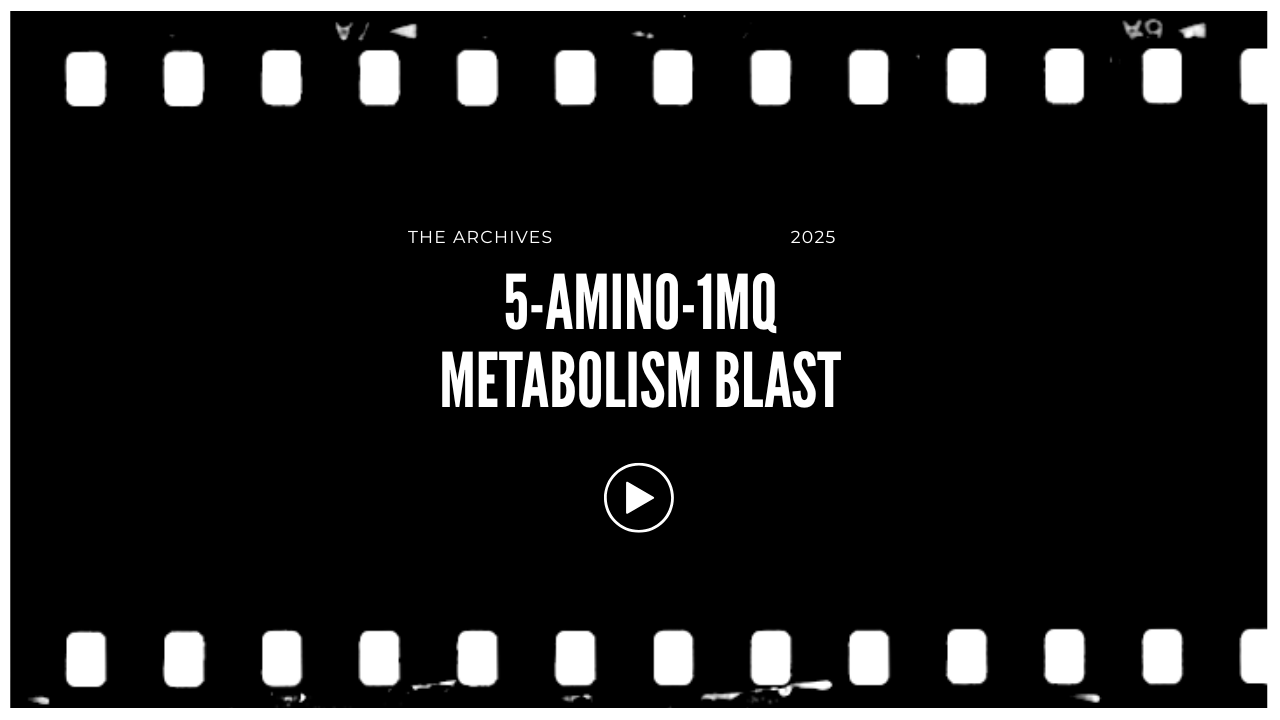Title slide for a presentation titled '5-AMINO-1MO METABOLISM BLAST' with a play button icon in the center.