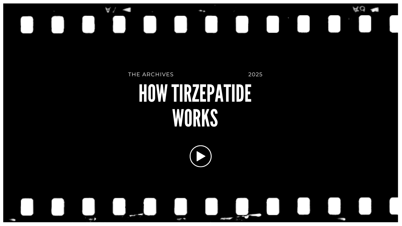 Screen recording titled "How Tirzepatide Works" with a play button in the center, surrounded by a film strip border, part of 'The Archives 2025' series.