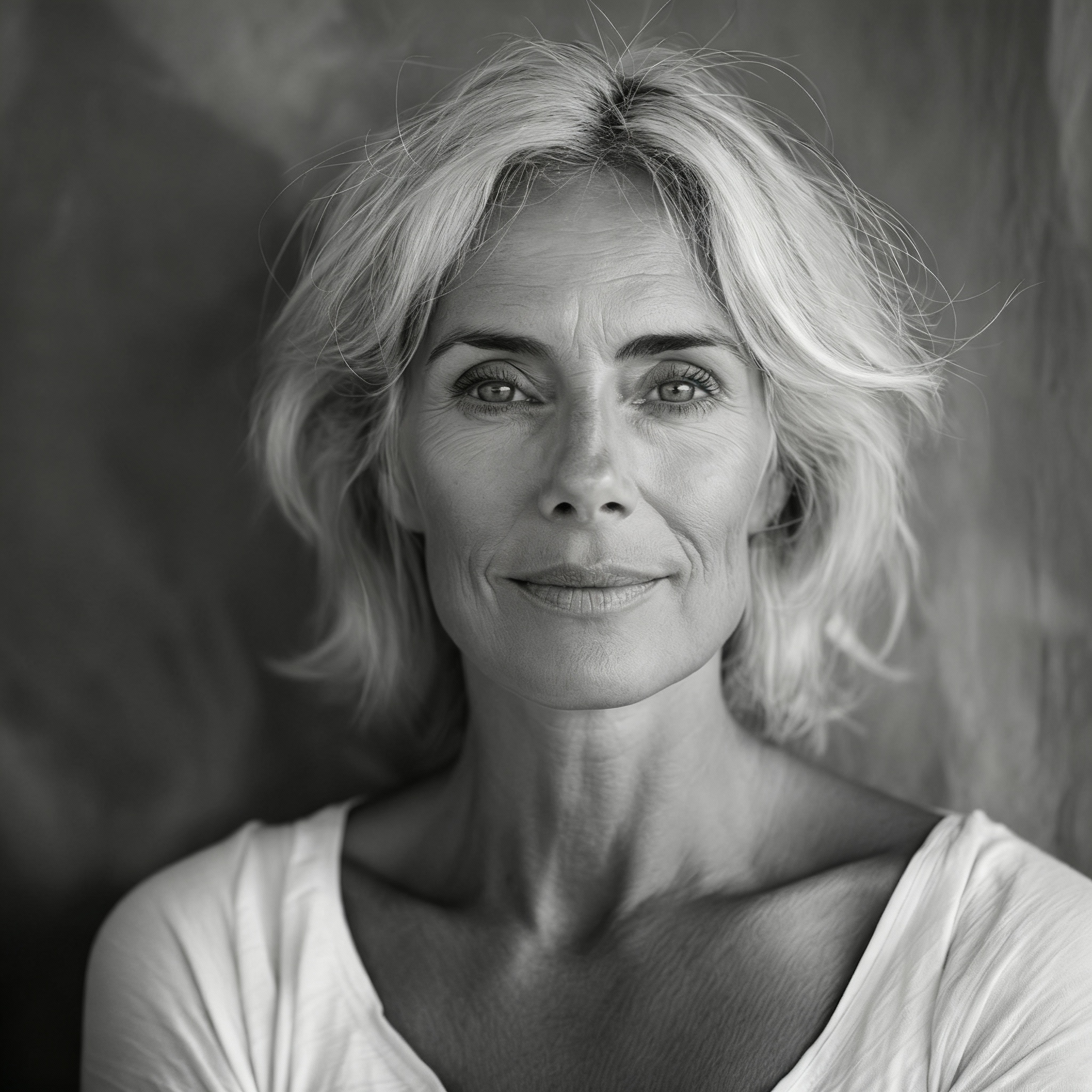 Black and white portrait of middle-aged woman with short wavy hair and light eyes, wearing a white top, smiling softly, with a blurred background.