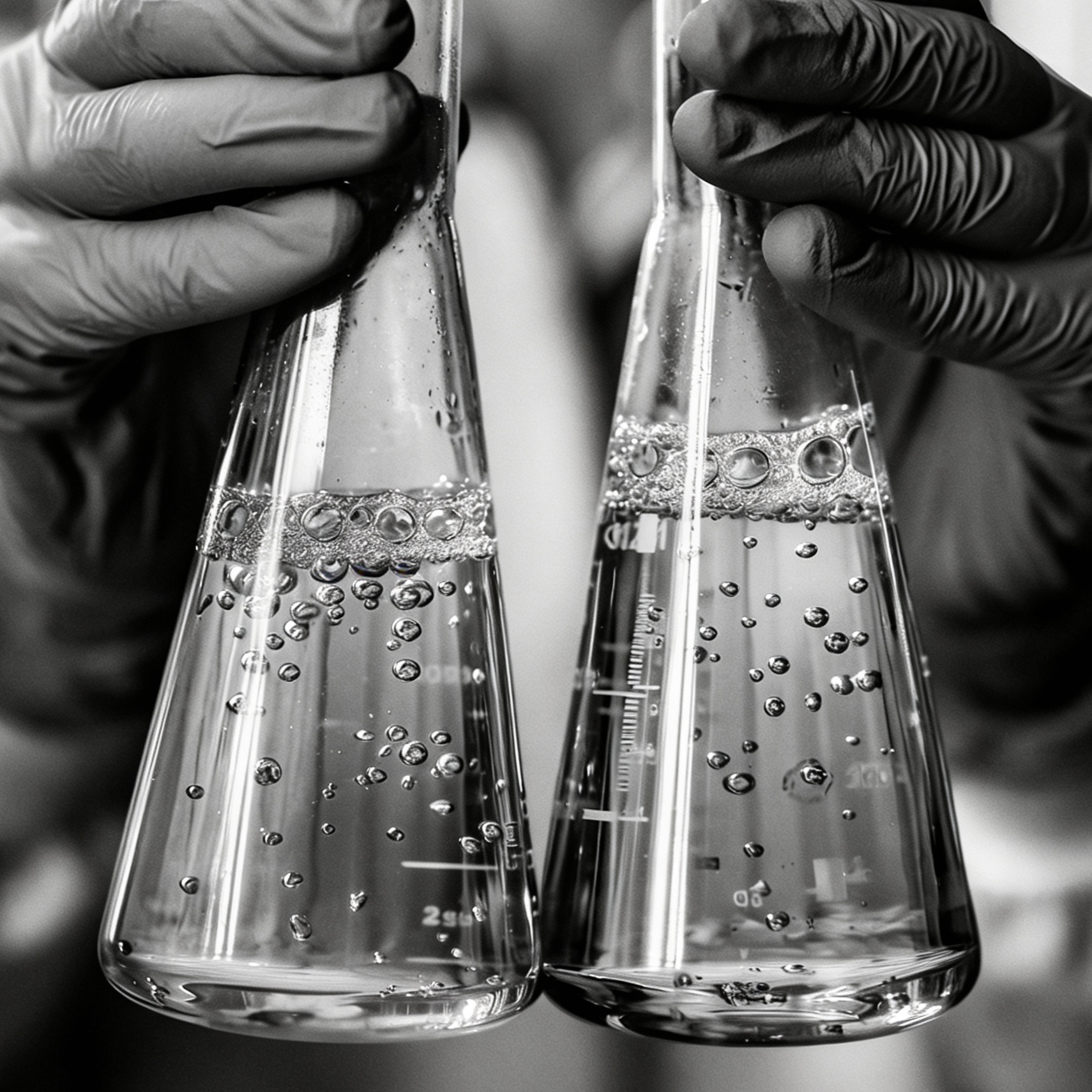 Two gloved hands holding clear glass Erlenmeyer flasks filled with bubbling liquid, close up in black and white.