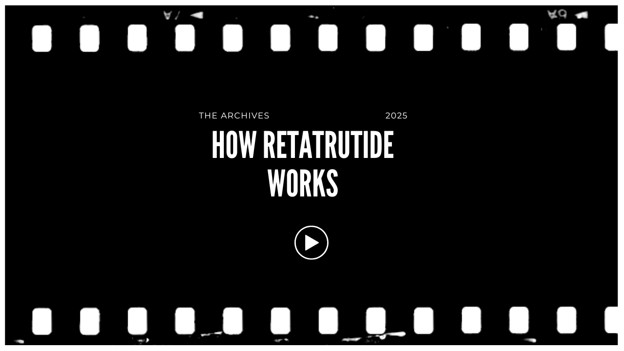 Screen showing a video titled 'How Retrutude Works' from 'The Archives' with a play button in the center, a black background, and film strip borders at the top and bottom.
