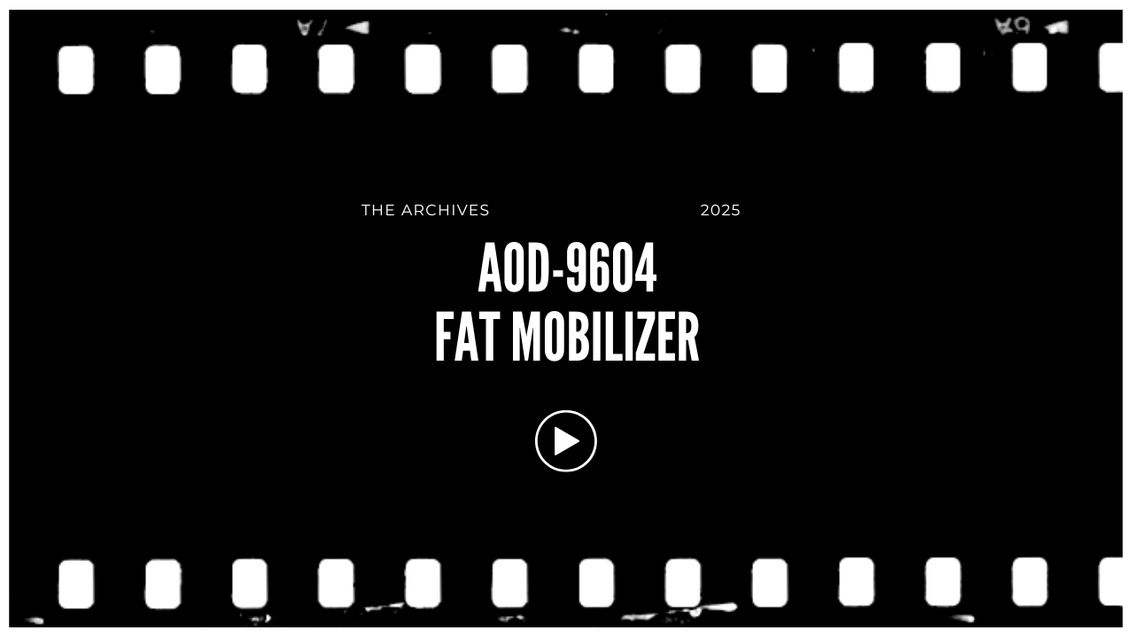 Film reel border with text in the center that says "The Archives 2025 AOD-9604 Fat Mobilizer" and a play button.