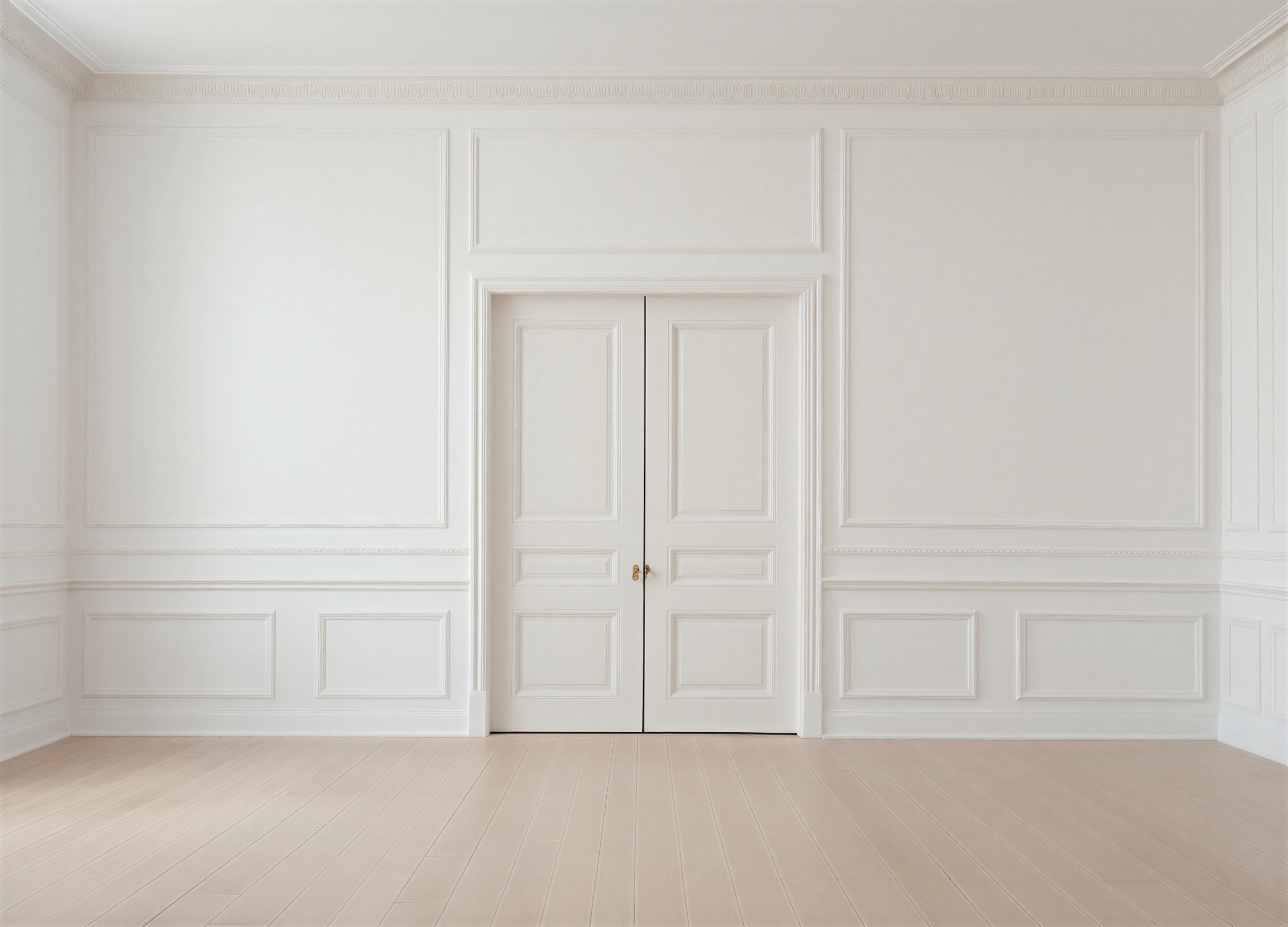 Empty white wall with ornate molding and closed double doors, beige hardwood flooring.