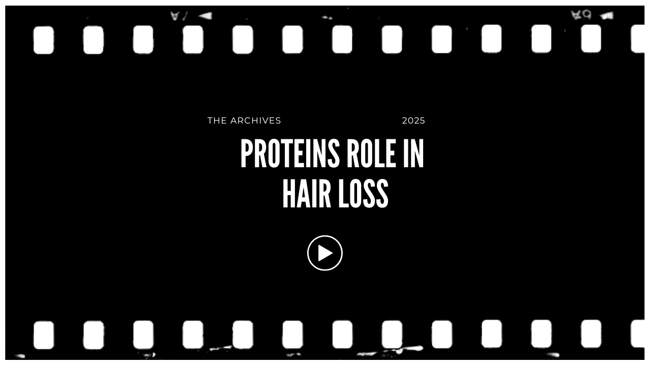 Video thumbnail with the title 'Proteins Role in Hair Loss,' featuring a film strip border and a play button in the center.