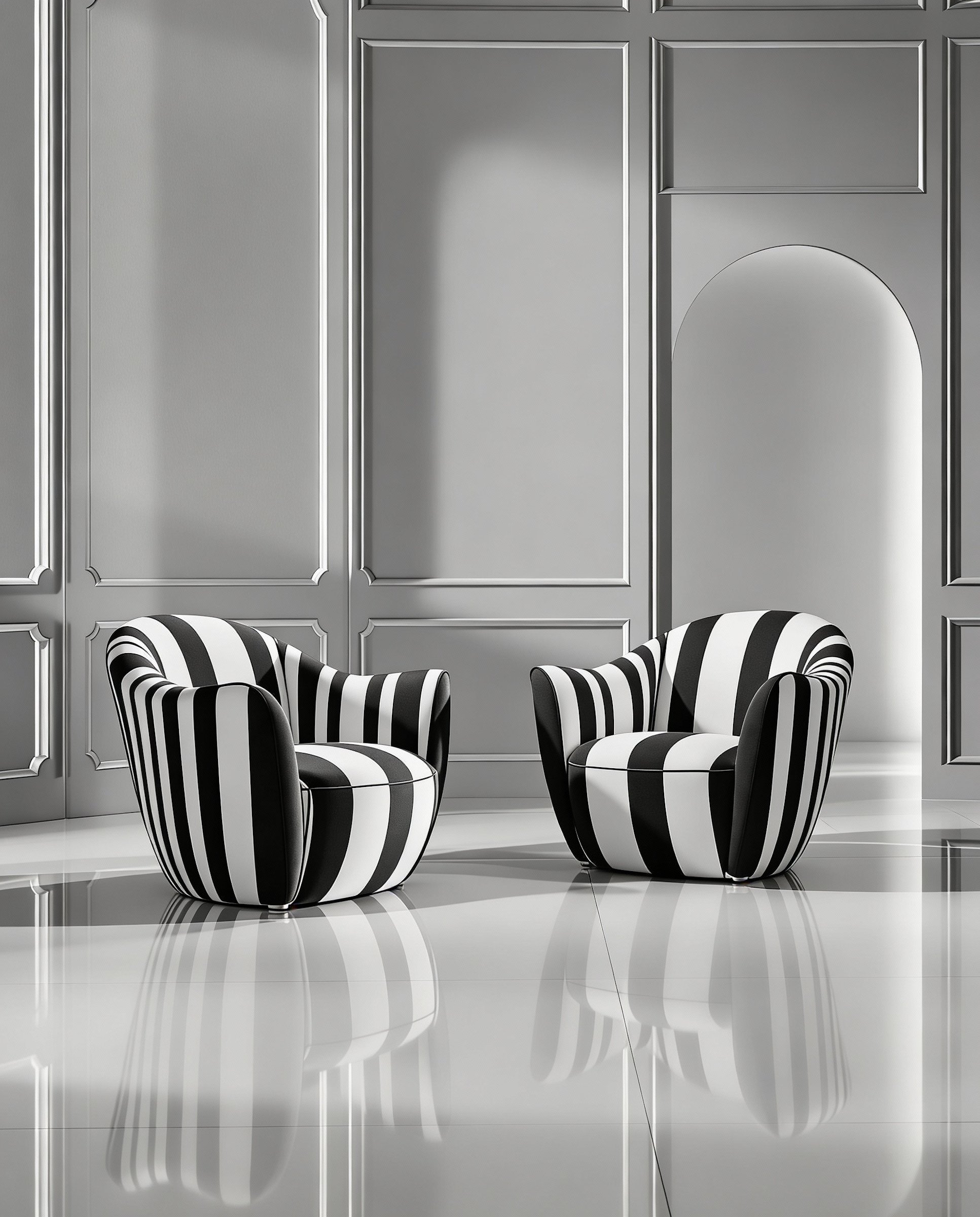 Two black and white striped armchairs in a gray room with decorative wall panels and a polished floor.
